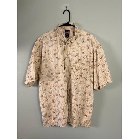 Harley-Davidson Other - Harley Davidson Button Down Shirt Mens XL Beige All Over Print Short Sleeve